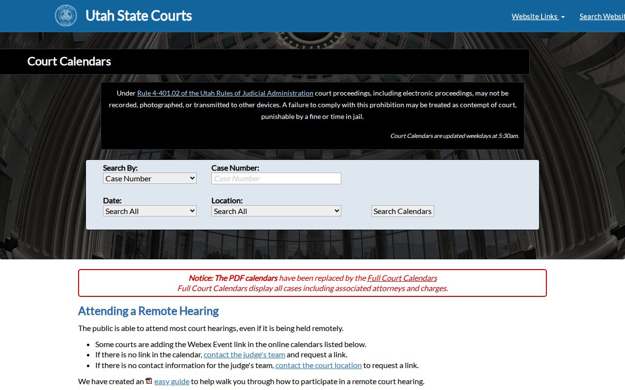 Utah Courts calendar notice with update time and remote hearing instructions