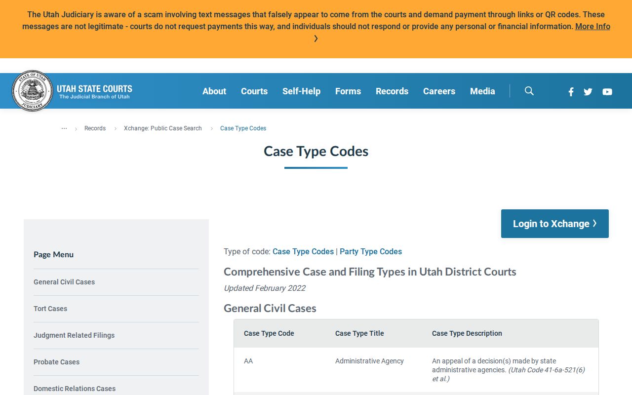 Official Utah Xchange civil case-type code reference