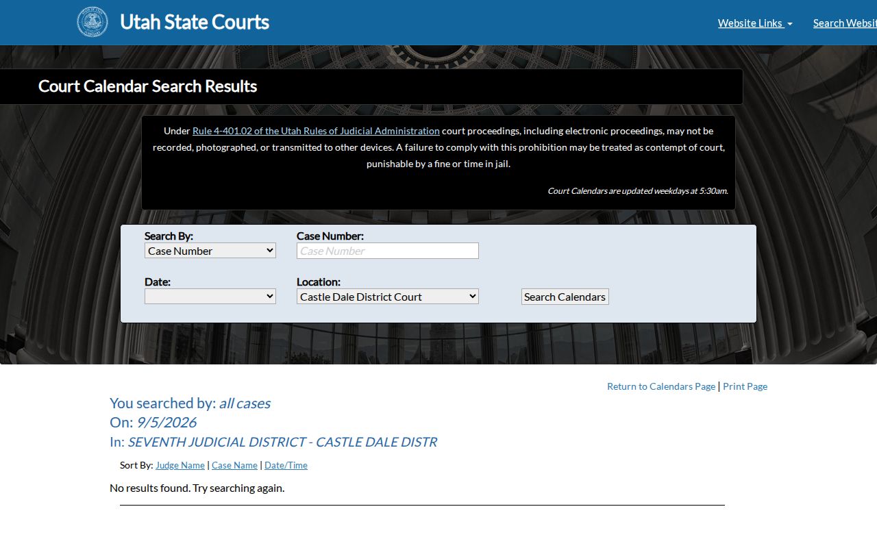 Utah Courts Castle Dale District Court calendar search screen