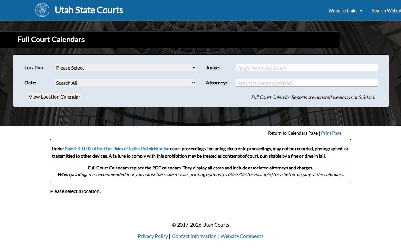 Utah Courts full calendar location judge date and attorney fields