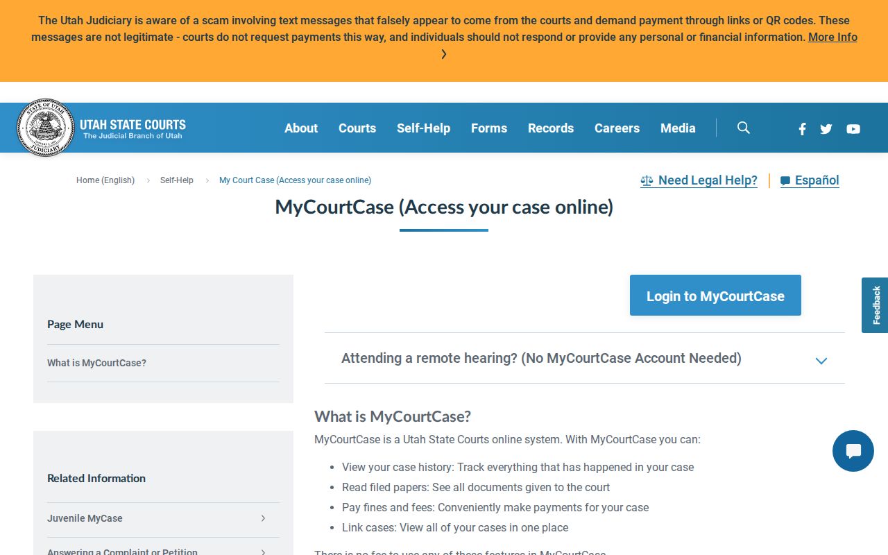 Utah Courts MyCourtCase party portal features and signup requirements